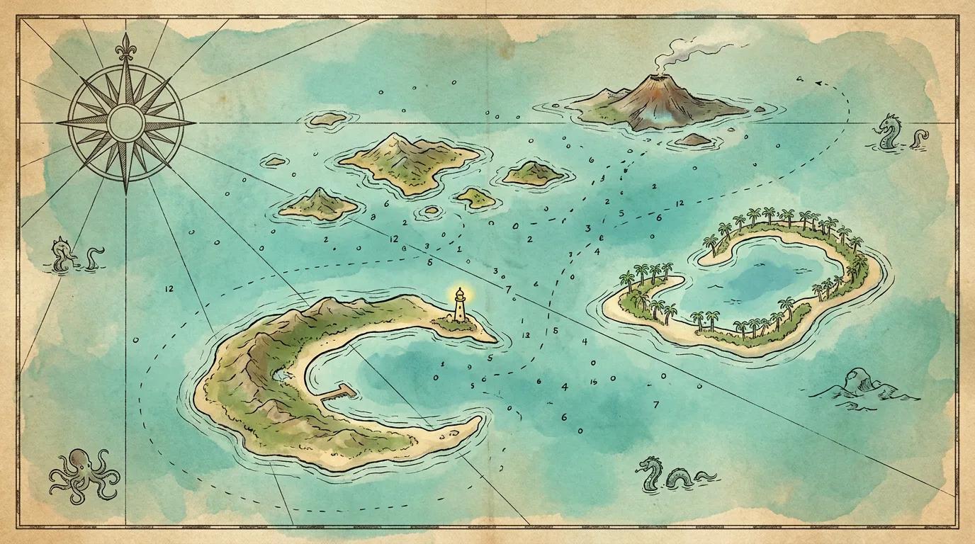 Hand-drawn nautical chart on aged parchment: a compass rose, teal water with sounding marks, a smoking volcano isle, a crescent island with a lighthouse, a palm-ringed atoll, and inked sea serpents